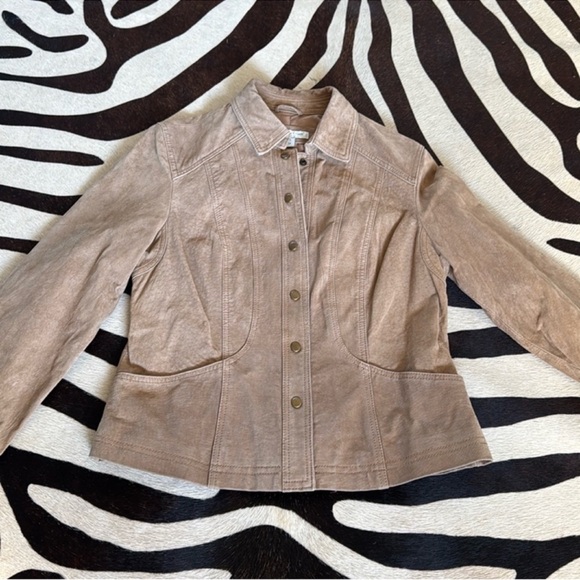 Vintage Suede Leather Jacket Sz S Petite Taupe Beige Snaps - Picture 1 of 13